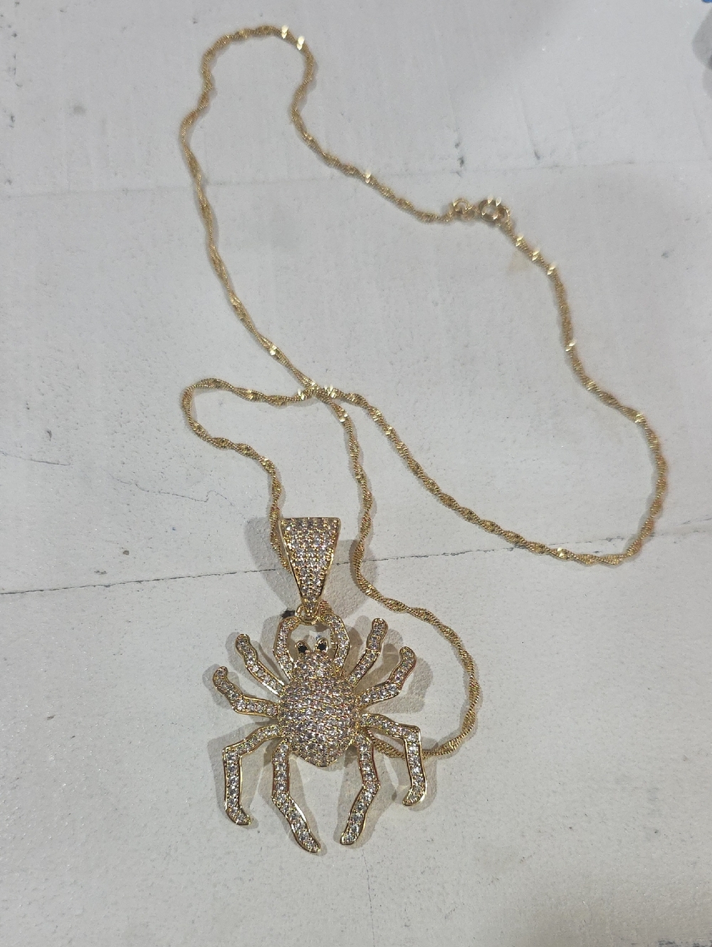 14k Gold Plated Spider Pendant Necklace with Pavé Crystals - Women's Jewelry